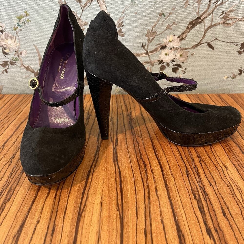 Sergio Rossi Suede / Leather High Heel Mary Jane Strap Pumps Black Size 37 / 6.5